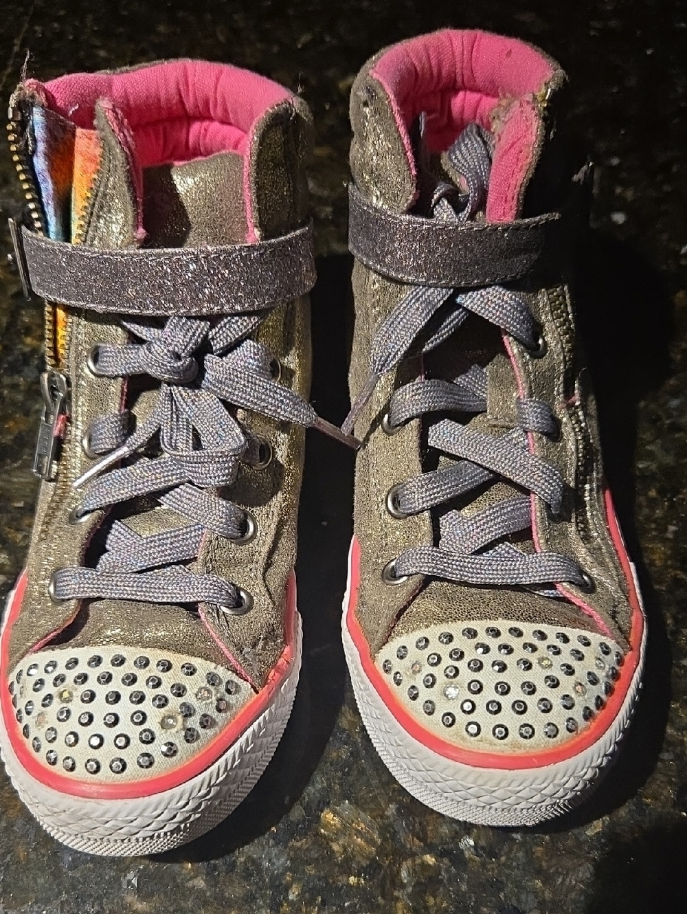 Skechers Girls' High-Top Sneakers in Gray and Pink with Rhinestone Twinkle Toes